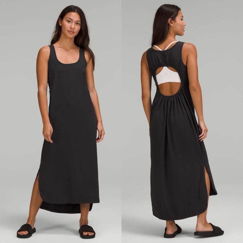 Lululemon Pima Cotton Open Back Midi Maxi Dress No Size Black Slits Minimalist